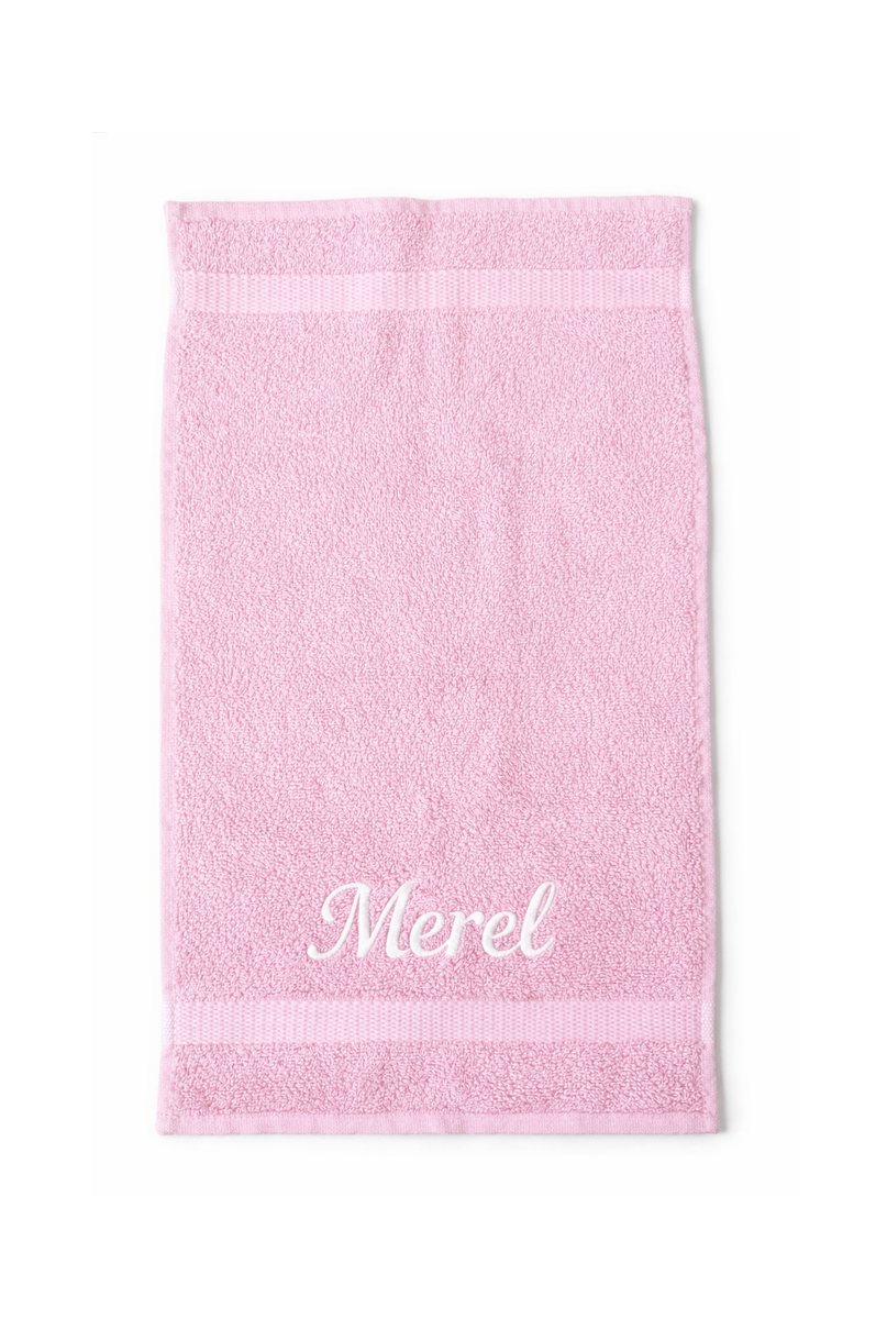 Gastendoek met naam geborduurd Mister Needle roze