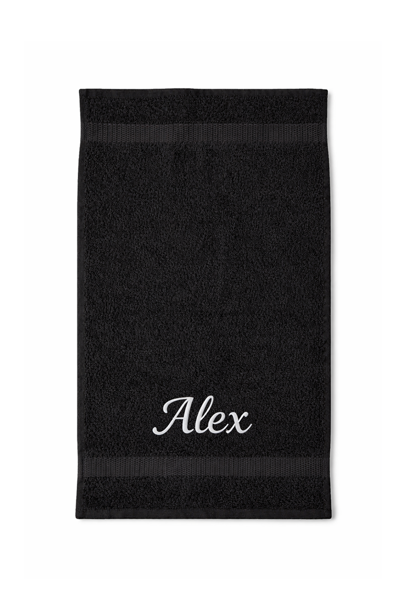 Gastendoek met naam geborduurd Mister Needle zwart